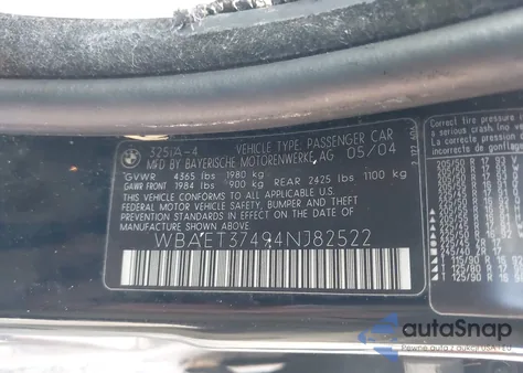 2004 BMW 325I from USA, damaged, VIN WBAET37494NJ82522